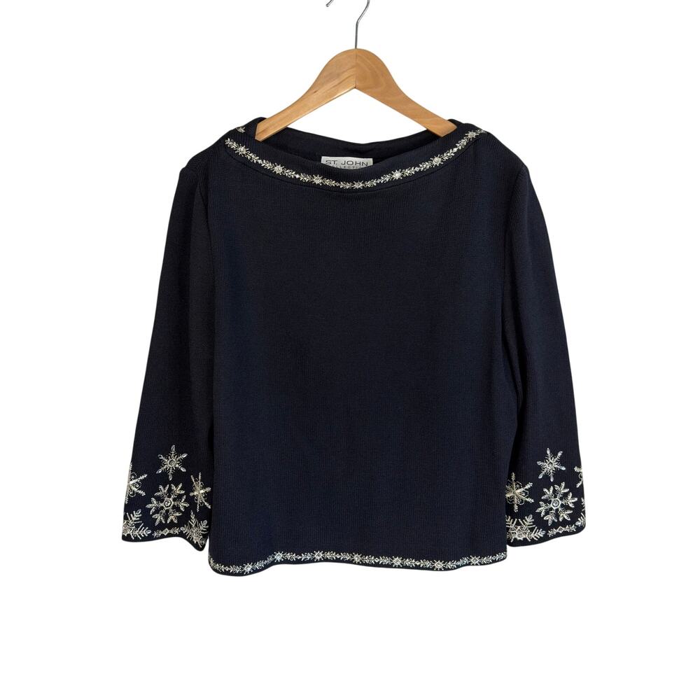 Vintage St. John Collection Wool Blend Embroidered Snowflake Holiday Sweater 10